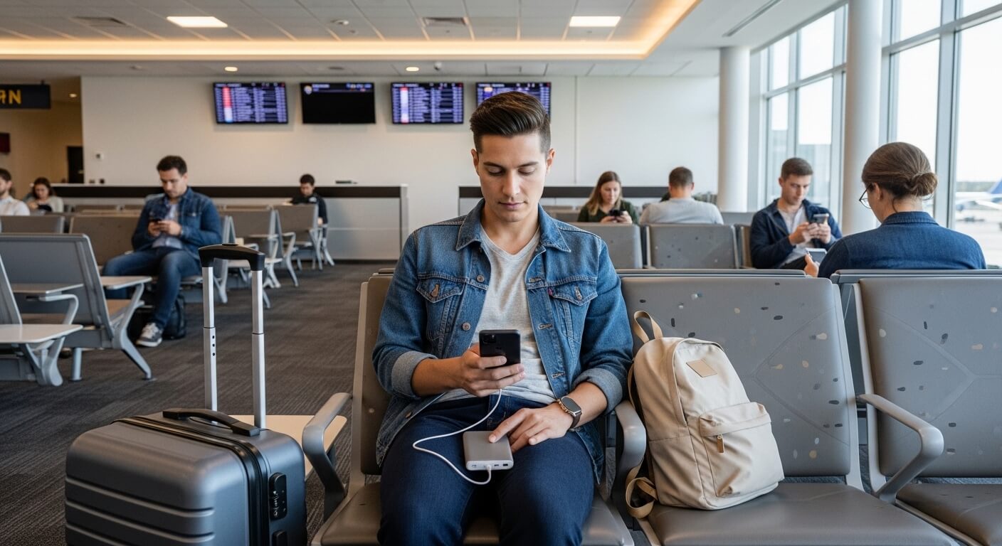 Man in denim jacket using smartphone and power bank while waiting at airport gate with luggage and backpack nearby