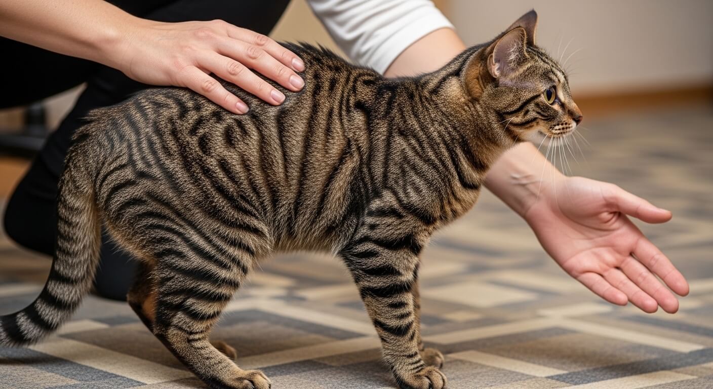 Person petting a brown tabby cat with black stripes on a patterned floor.