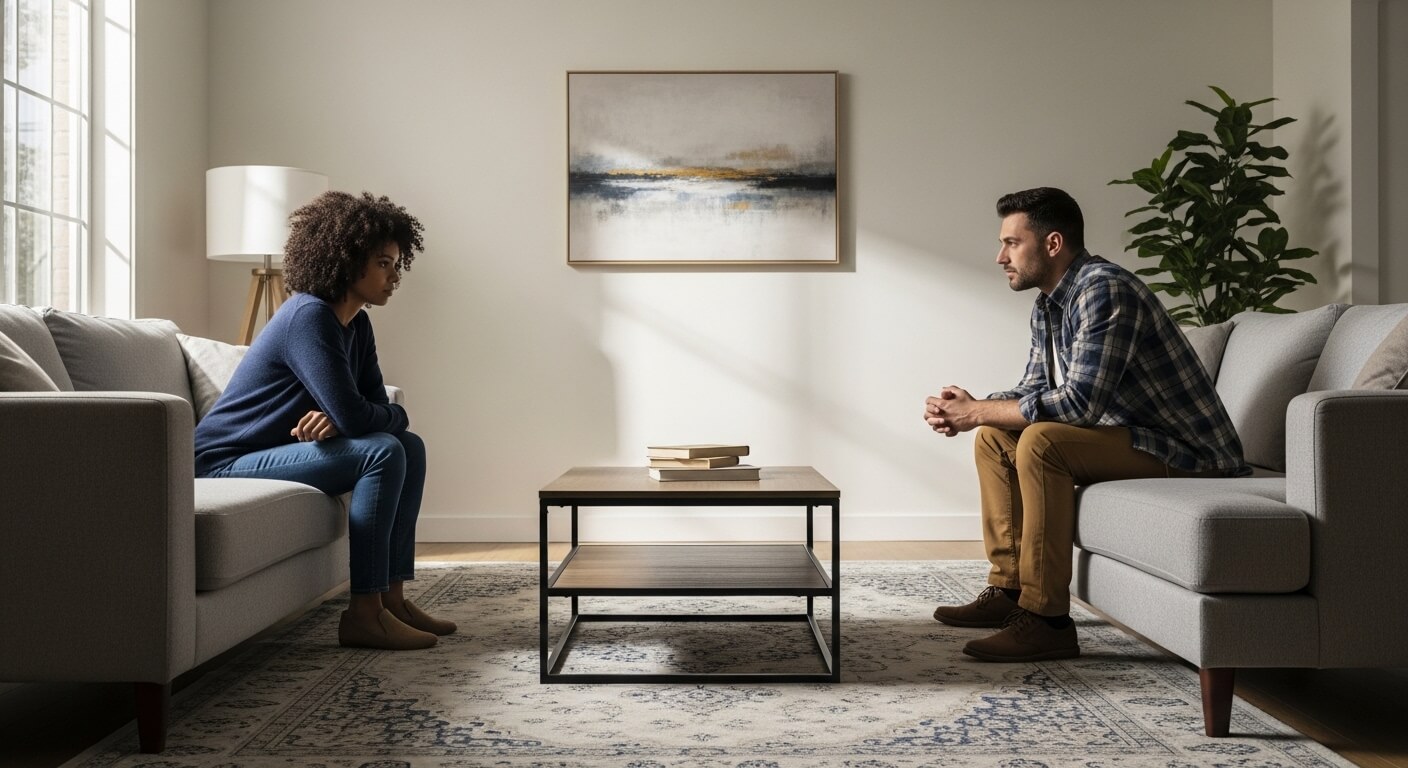Man and woman sitting on opposite sofas facing each other in a modern living room with a coffee table between them.