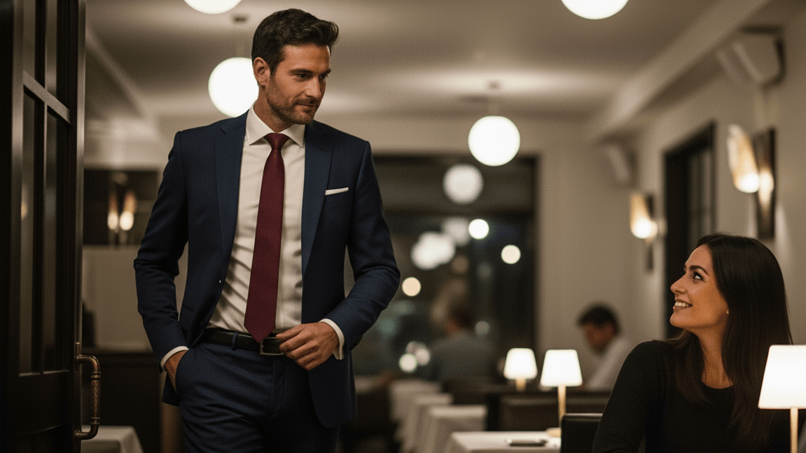 Man in navy suit and red tie walking past smiling woman in black top in a dimly lit restaurant.
