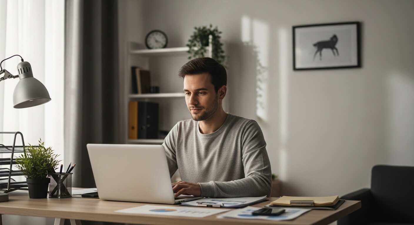 Man in gray sweater working on a laptop at a desk with documents and office supplies in a home office