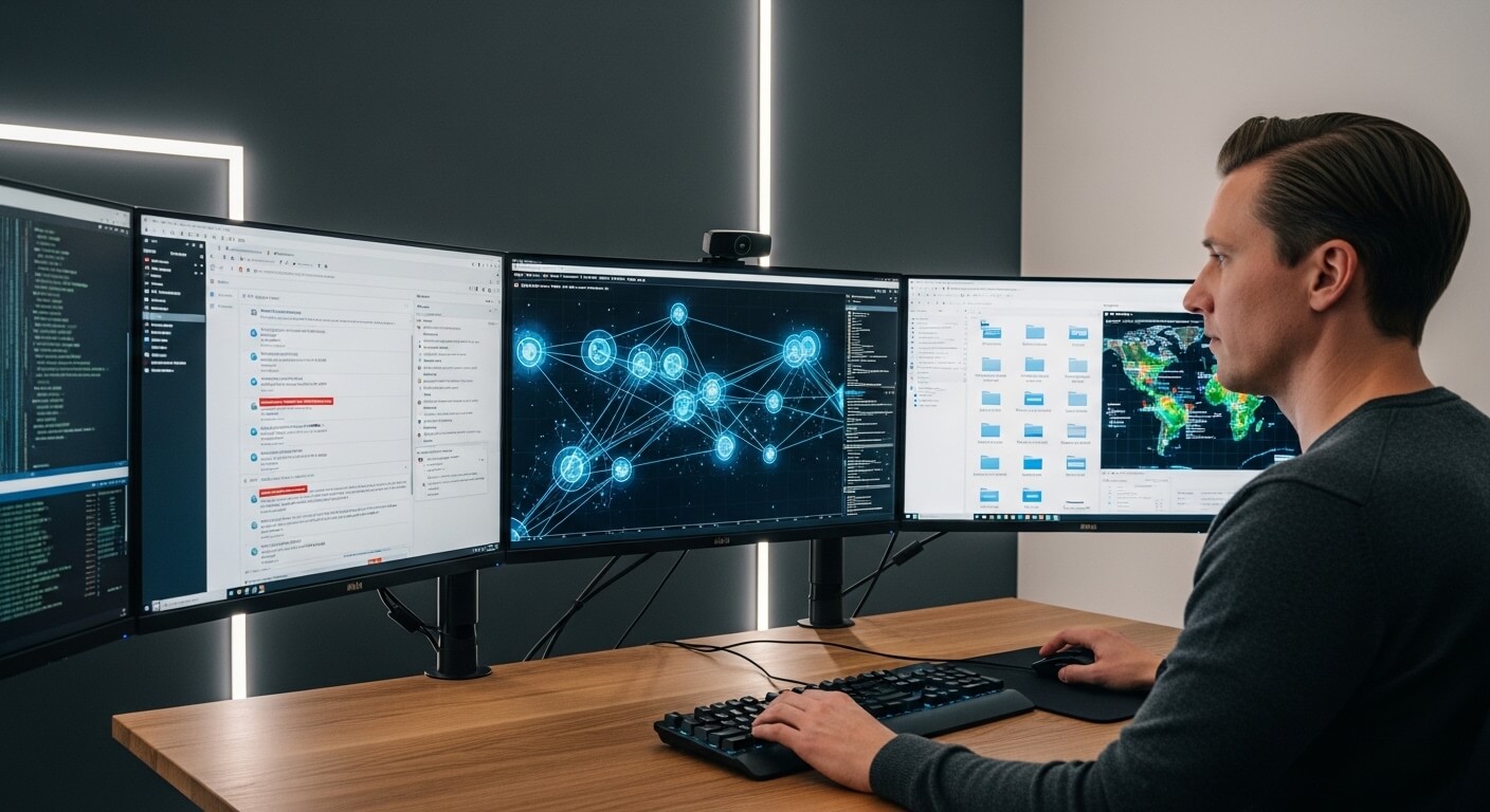 Man working on cybersecurity data and code across four widescreen monitors at a desk
