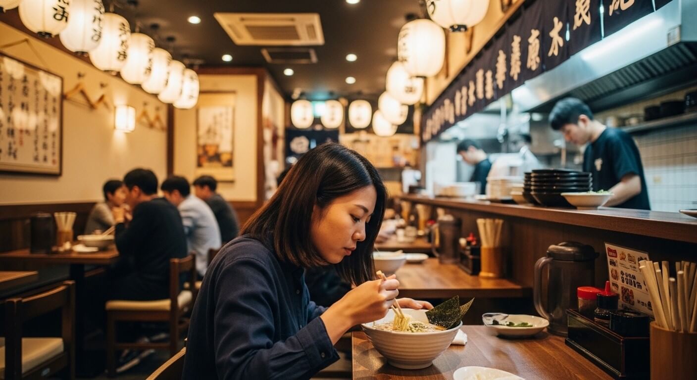 Woman eating ramen at a wooden counter in a Japanese restaurant with chefs cooking in the background
