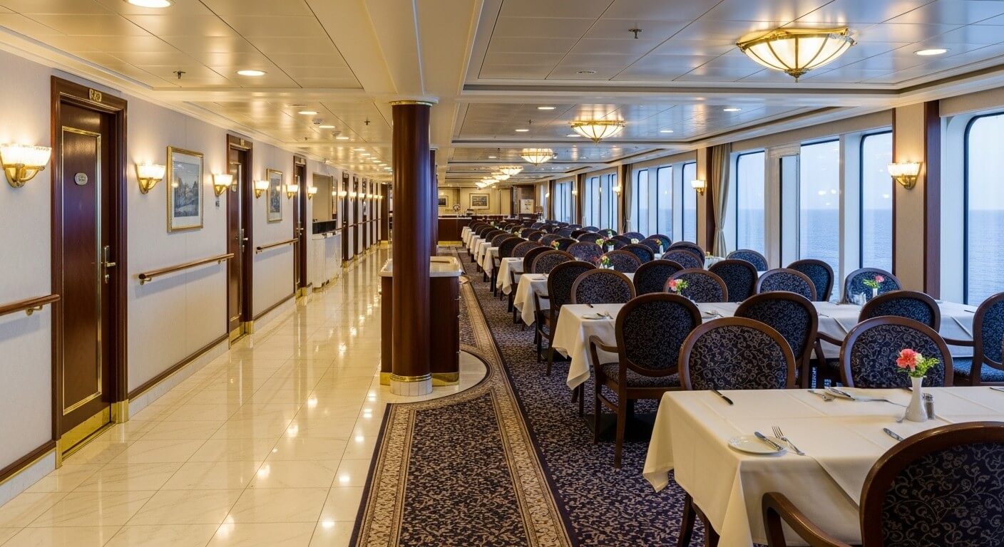 Dining area with tables and chairs set with white tablecloths and flowers, large windows showing ocean view on a cruise ship.