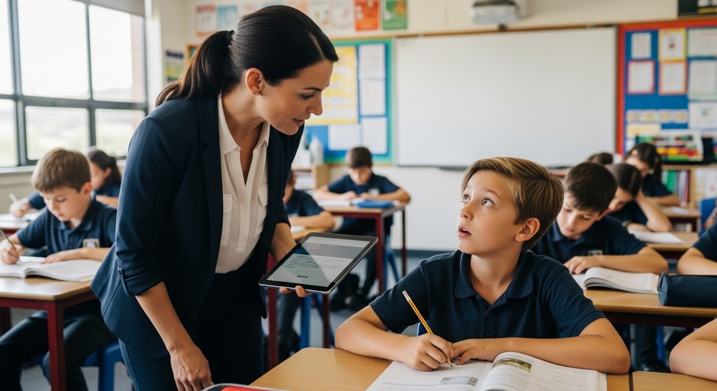 Teacher holding a tablet assisting a student with a pencil and open book in a classroom.