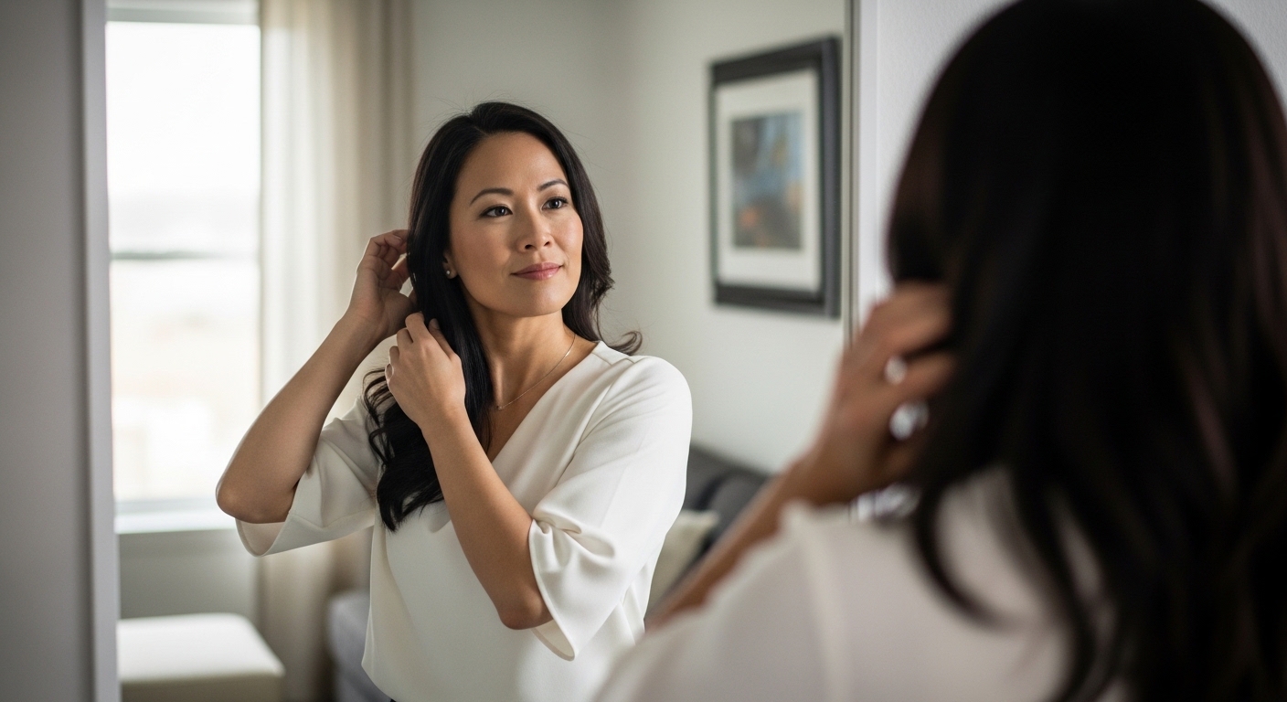 Woman in white blouse adjusting her earring while looking at herself in a mirror in a softly lit room.
