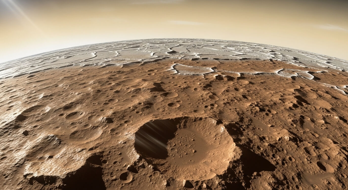 Surface of Mars showing craters and polar ice cap under a hazy sky.