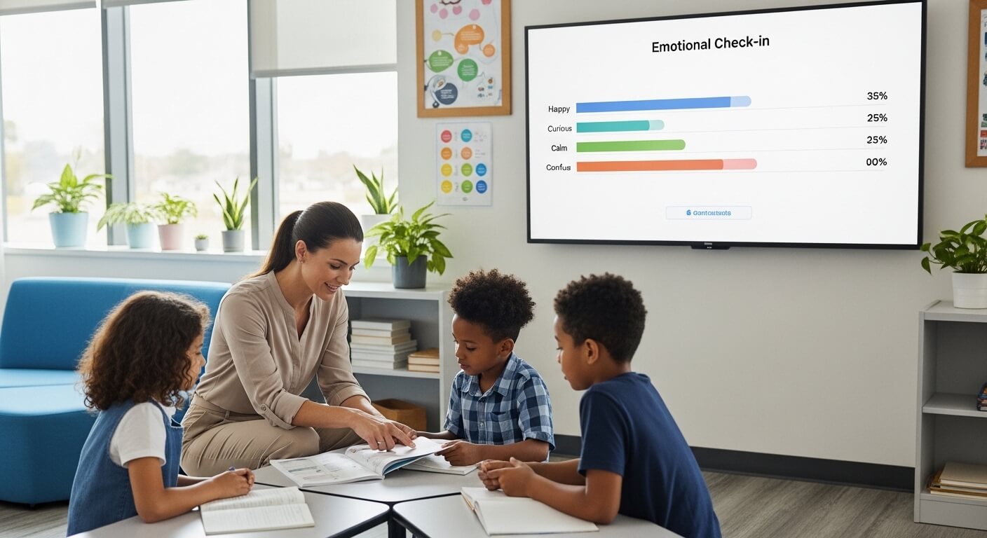 Teacher engaging with three children reading books in a classroom with an emotional check-in chart on the screen