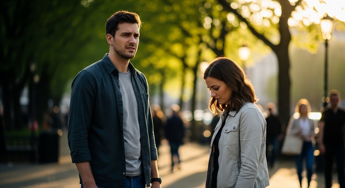 Man and woman standing outdoors looking upset during sunset with blurred people in the background