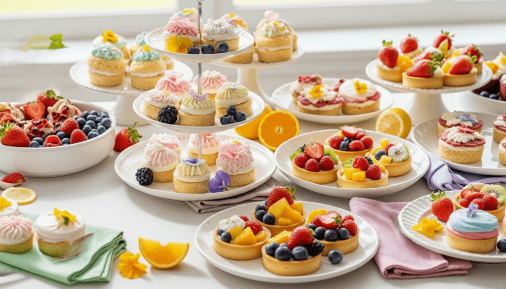 Assorted mini fruit tarts and cupcakes with colorful frosting and edible flowers on white plates and tiered stands.