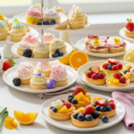 Assorted mini fruit tarts and cupcakes with colorful frosting and edible flowers on white plates and tiered stands.
