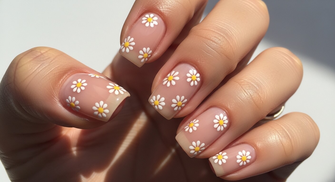 Close-up of hand with nude nails decorated with small white and yellow daisy flower nail art.