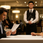 Man reading menu at restaurant table with woman while waiter stands nearby holding a folder