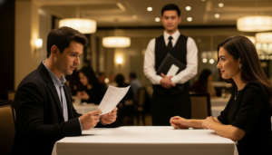 Man reading menu at restaurant table with woman while waiter stands nearby holding a folder
