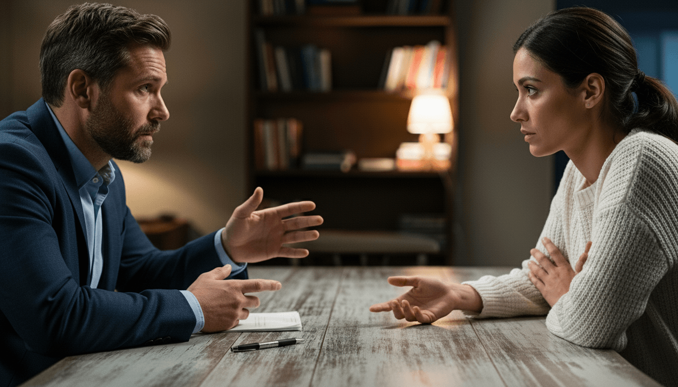 Man in suit and woman in white sweater having serious conversation across wooden table in dimly lit room