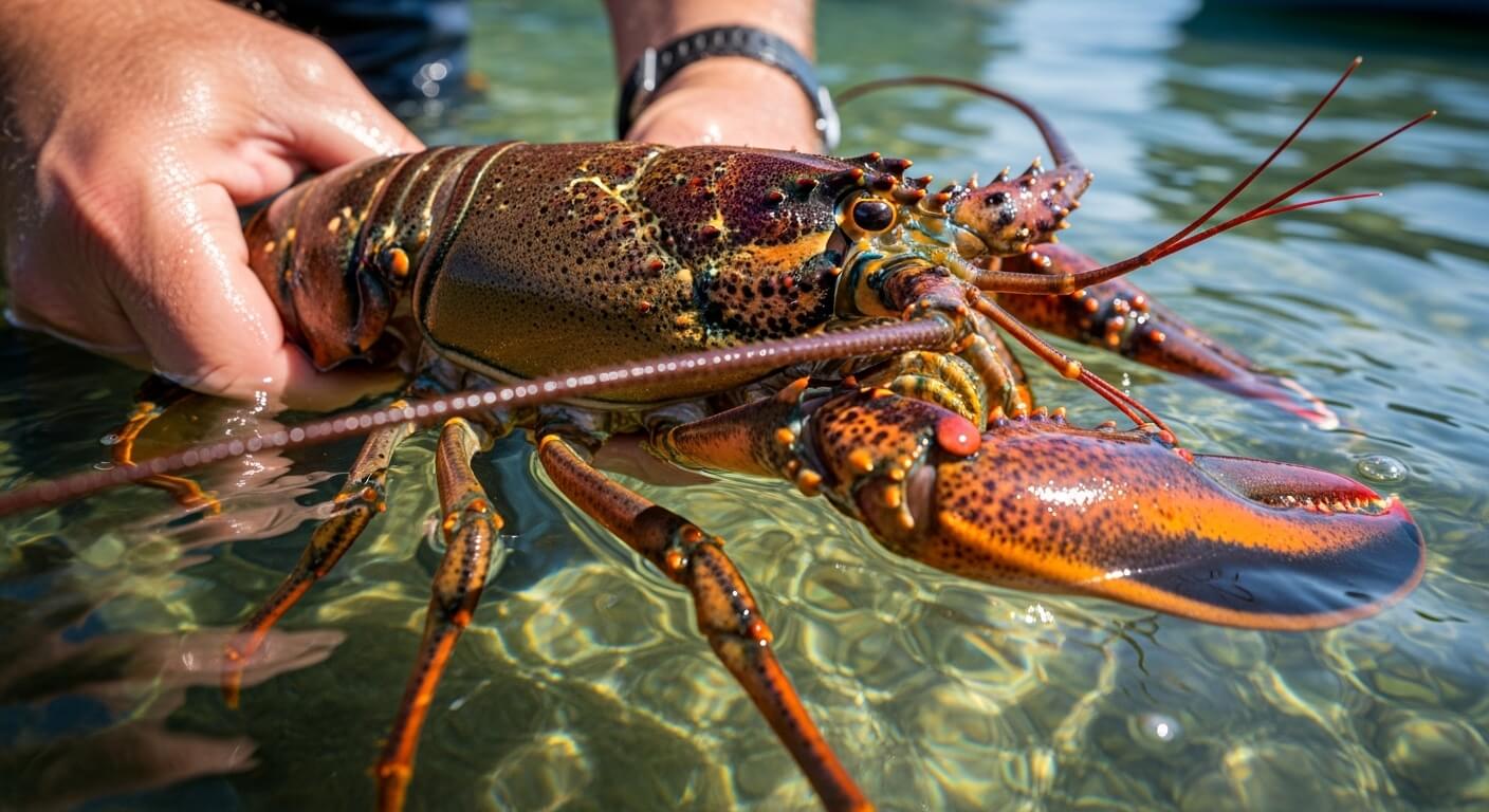 Person holding a live lobster partially submerged in clear water.