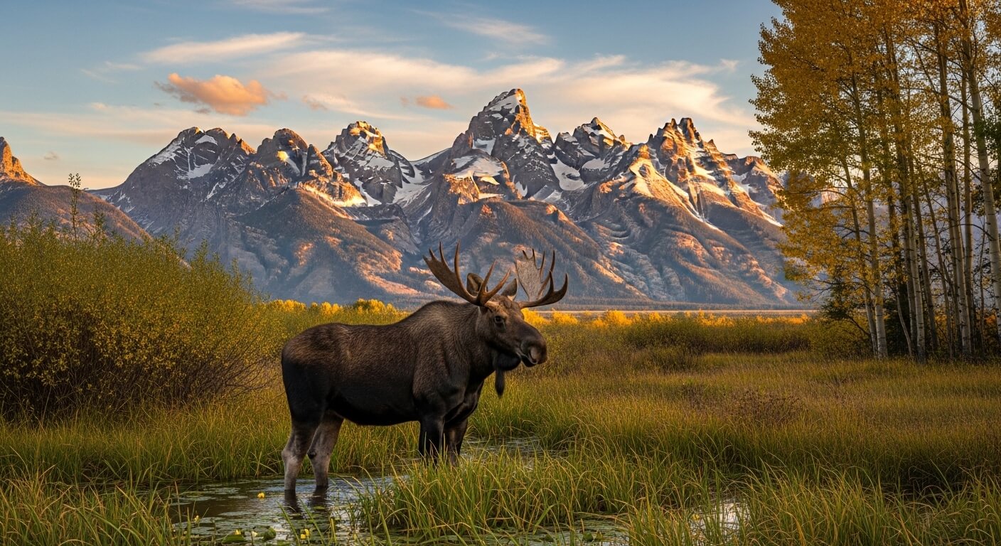 Bull moose standing in a marsh with autumn trees and snow-capped Teton Mountains in the background at sunset