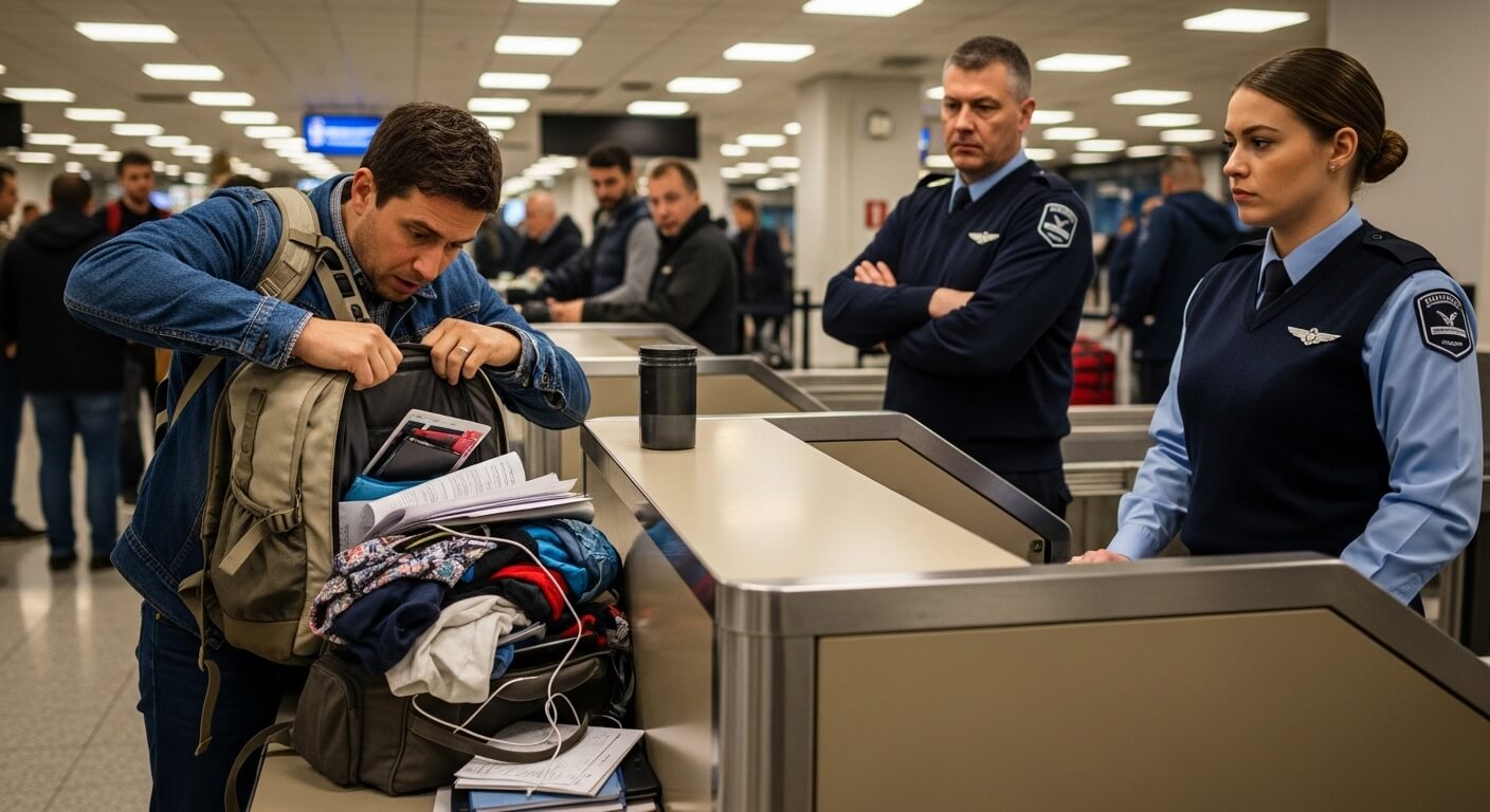 Traveler opening backpack at airport security checkpoint while two uniformed officers observe.