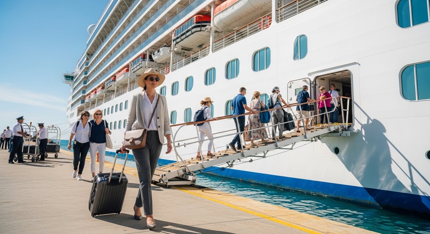 Passengers boarding a large white cruise ship via a gangway on a sunny day at the port.