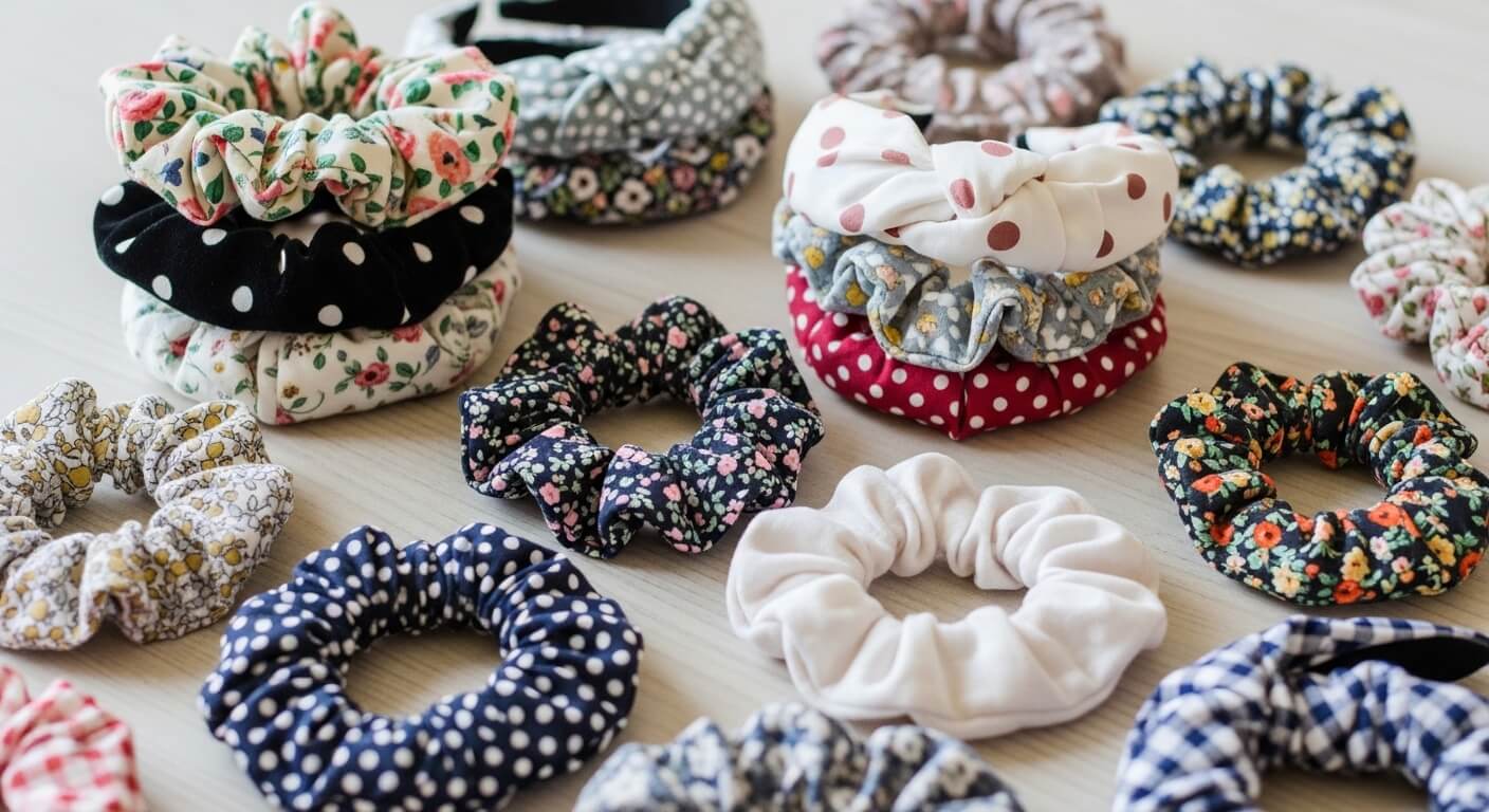 Assorted fabric scrunchies with floral, polka dot, and checkered patterns arranged on a light wooden surface