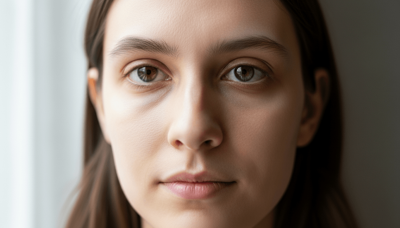 Close-up of a young woman with light brown hair and hazel eyes looking directly at the camera.