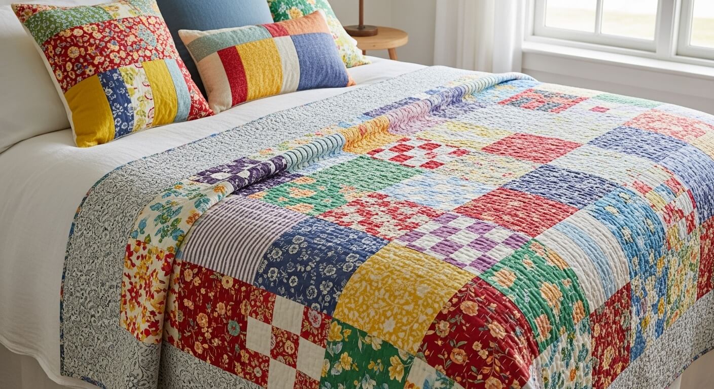 colorful patchwork quilt with floral and striped patterns on a bed with matching pillows near a window