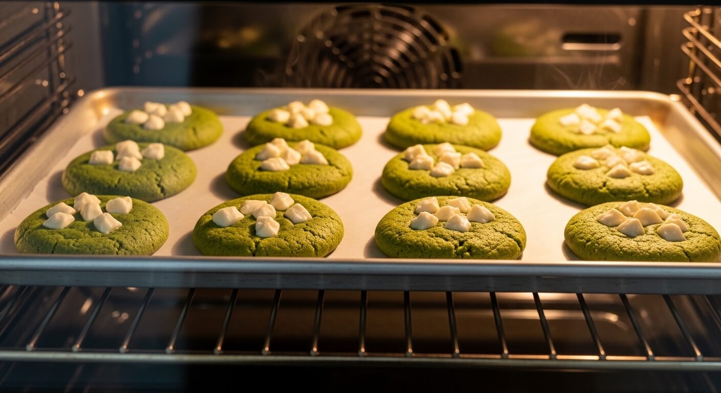 Green matcha cookies with white chocolate chunks baking on a tray inside an oven