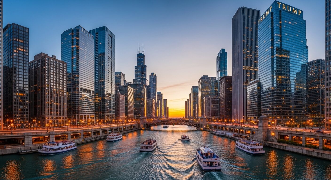 Chicago River at sunset with tour boats and Trump Tower among downtown skyscrapers.
