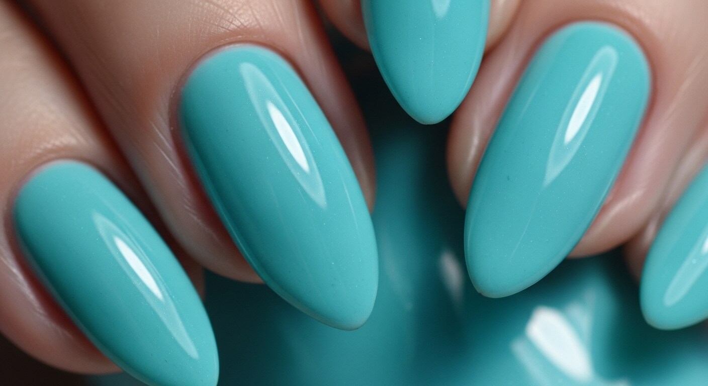 Close-up of almond-shaped nails painted with glossy turquoise nail polish.