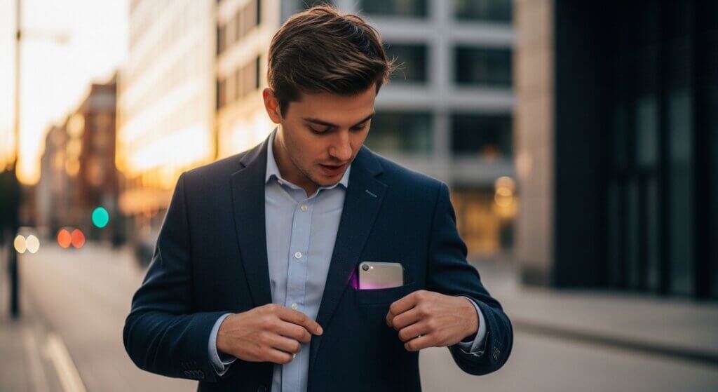 Young man in a navy blazer placing a smartphone with a glowing purple light into his chest pocket on a city street at sunset