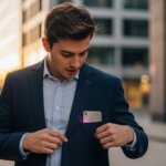 Young man in a navy blazer placing a smartphone with a glowing purple light into his chest pocket on a city street at sunset