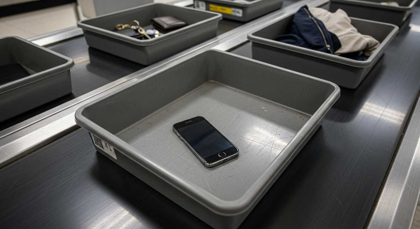 Black iPhone in a gray security tray on an airport conveyor belt with other trays containing personal items