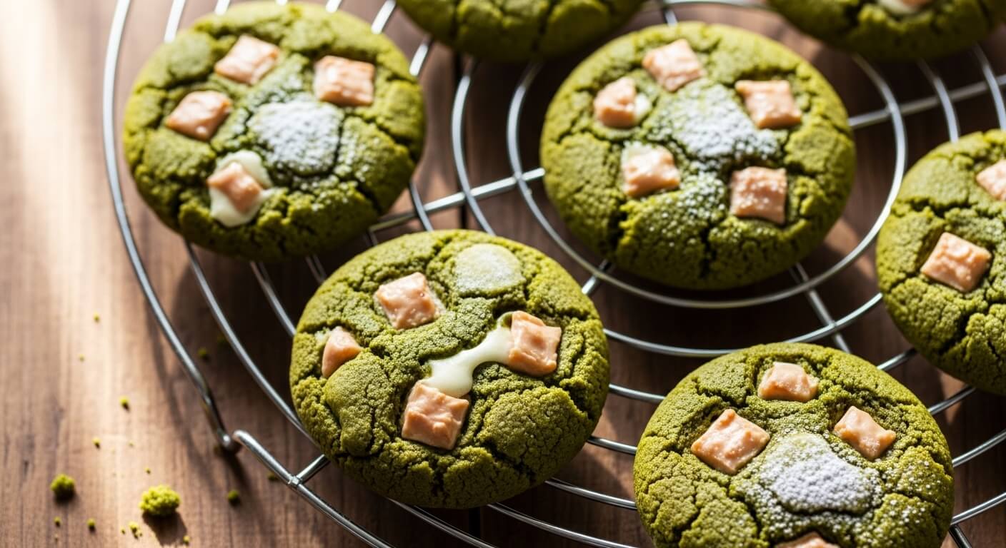 Green matcha cookies with white chocolate chunks cooling on a wire rack sprinkled with powdered sugar