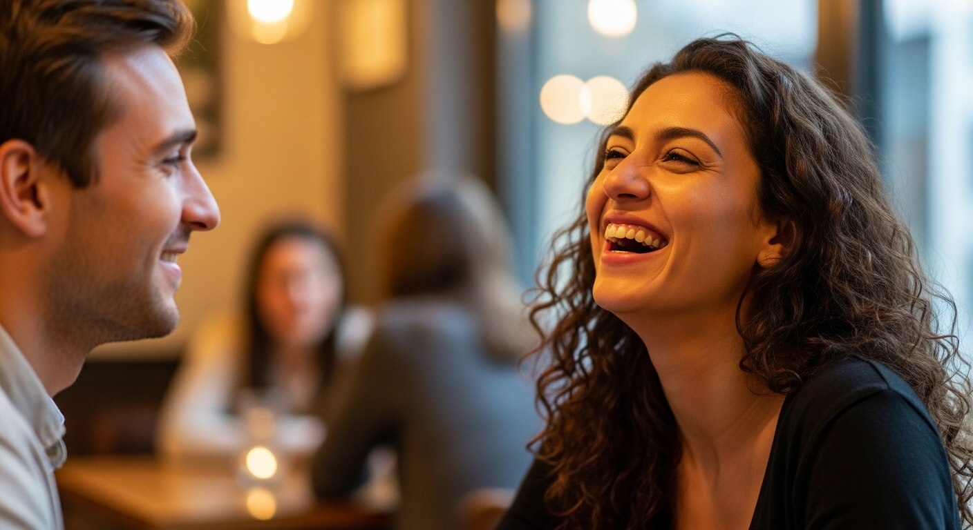 Smiling man and woman enjoying a conversation in a warmly lit cafe.