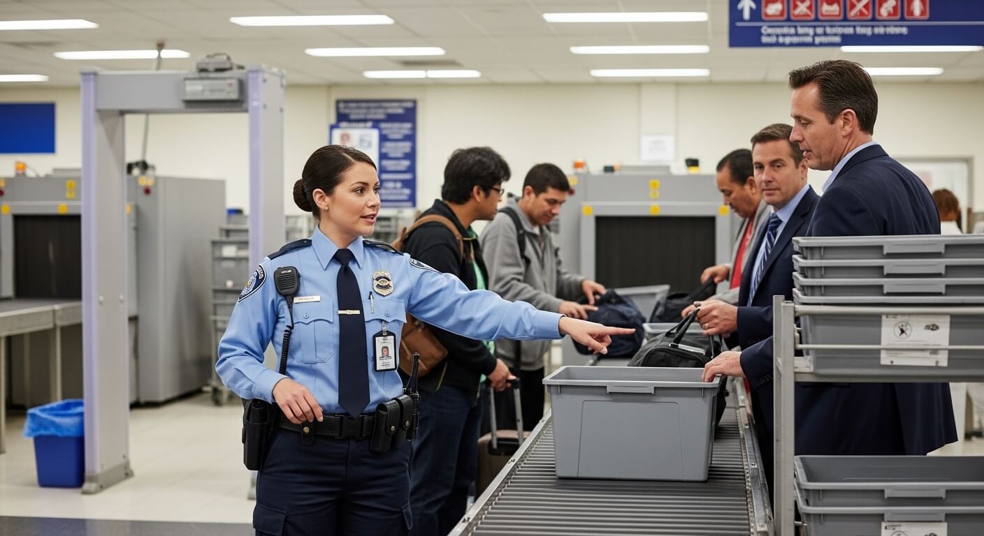 Airport security officer directing passengers to place bags in bins at a security checkpoint conveyor belt.