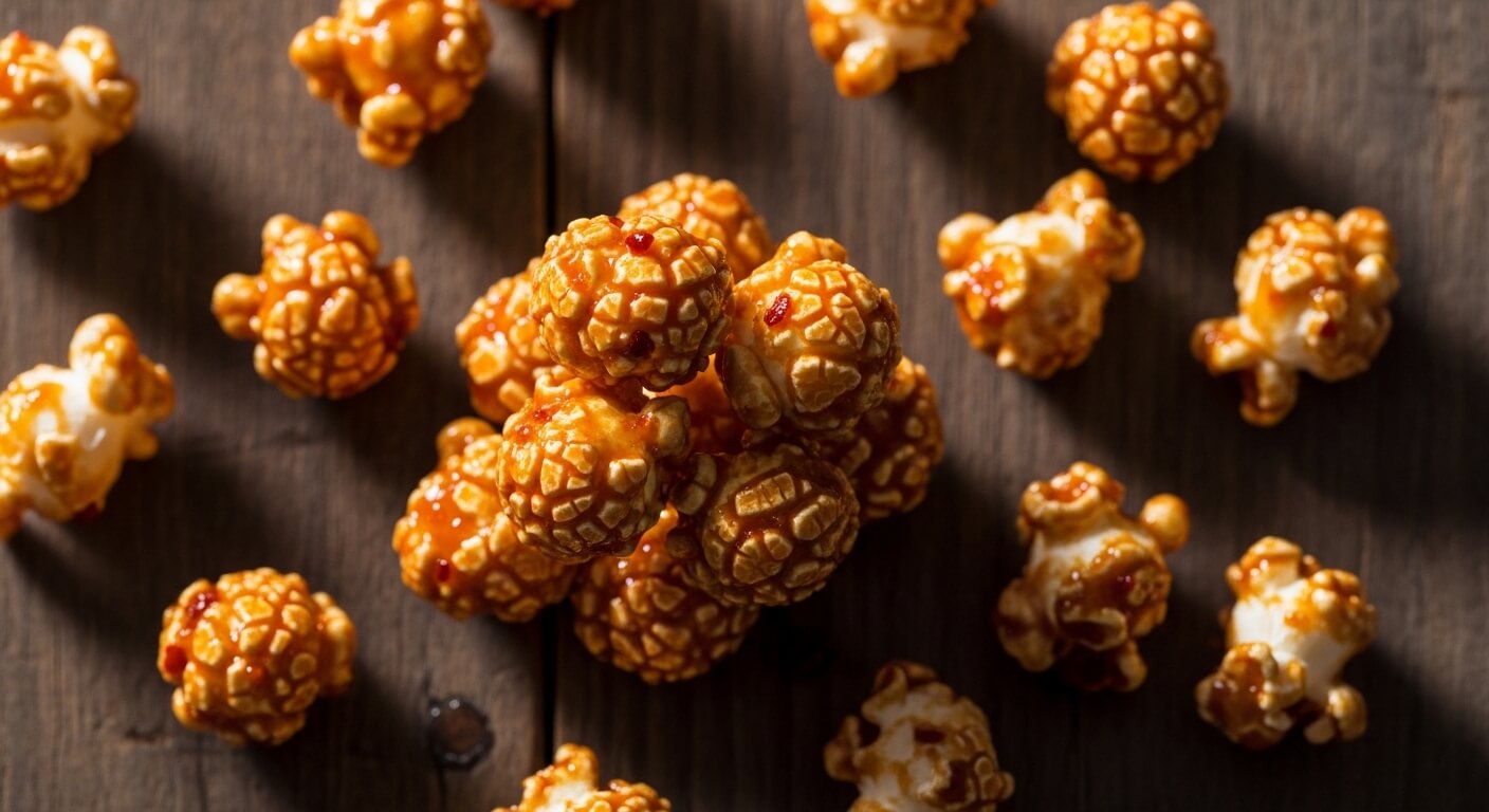Close-up of caramel-coated popcorn scattered on a wooden surface