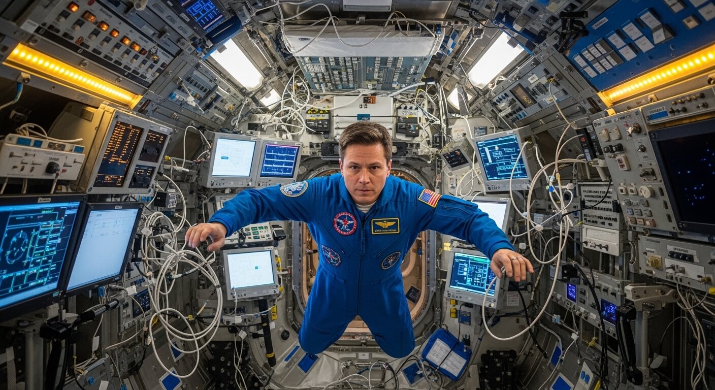 Astronaut in blue flight suit floating inside a spacecraft module surrounded by monitors and cables.