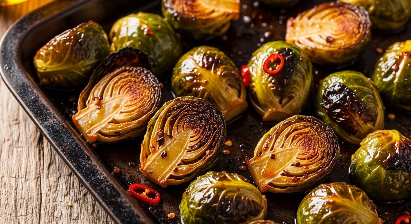 Roasted Brussels sprouts with chili flakes on a baking tray.