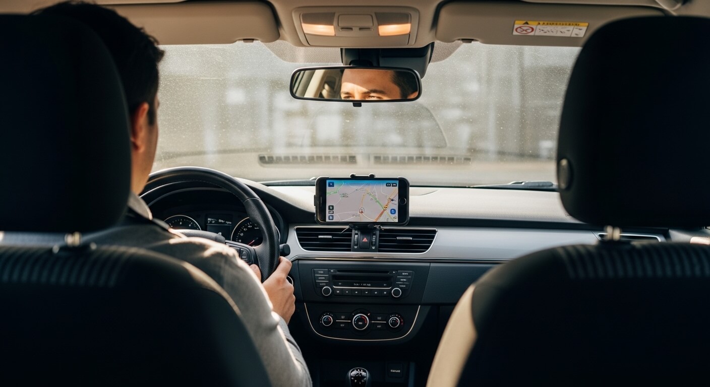 Man driving car using smartphone GPS mounted on dashboard for navigation