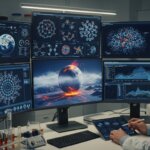Scientist analyzing molecular structures and volcanic activity data on multiple monitors in a lab.