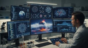 Scientist analyzing molecular structures and volcanic activity data on multiple monitors in a lab.