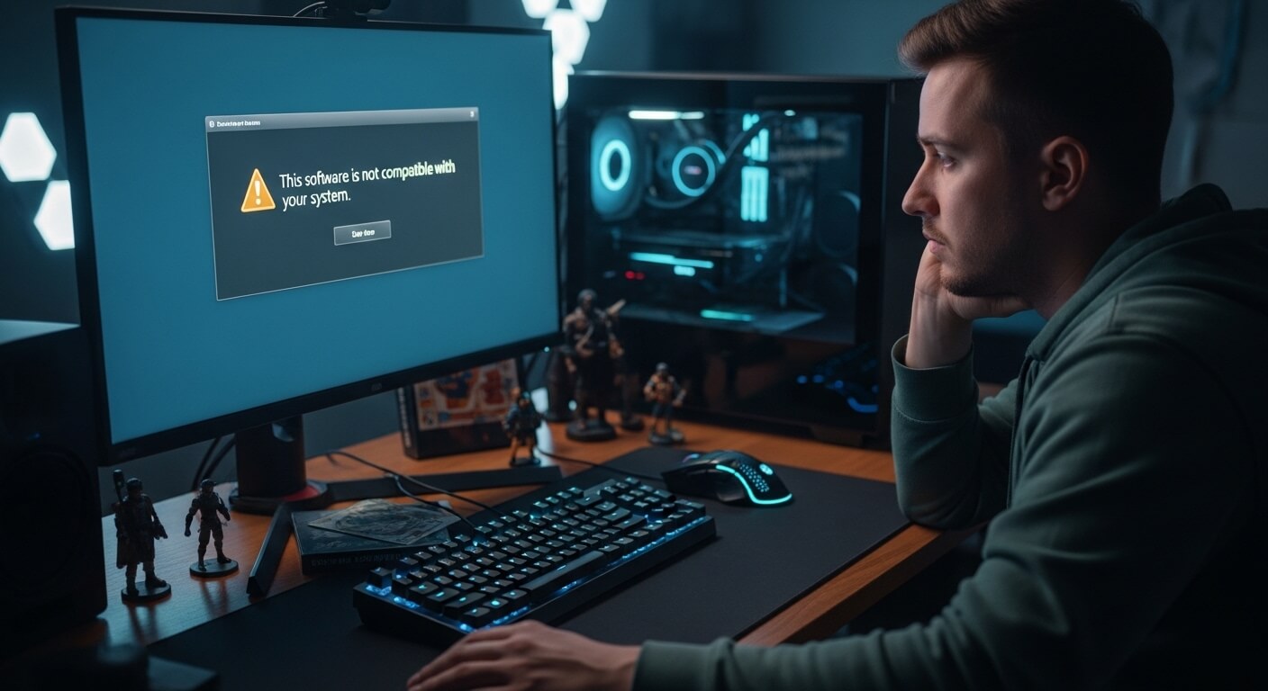 Man in green hoodie looking at computer screen showing software compatibility error message
