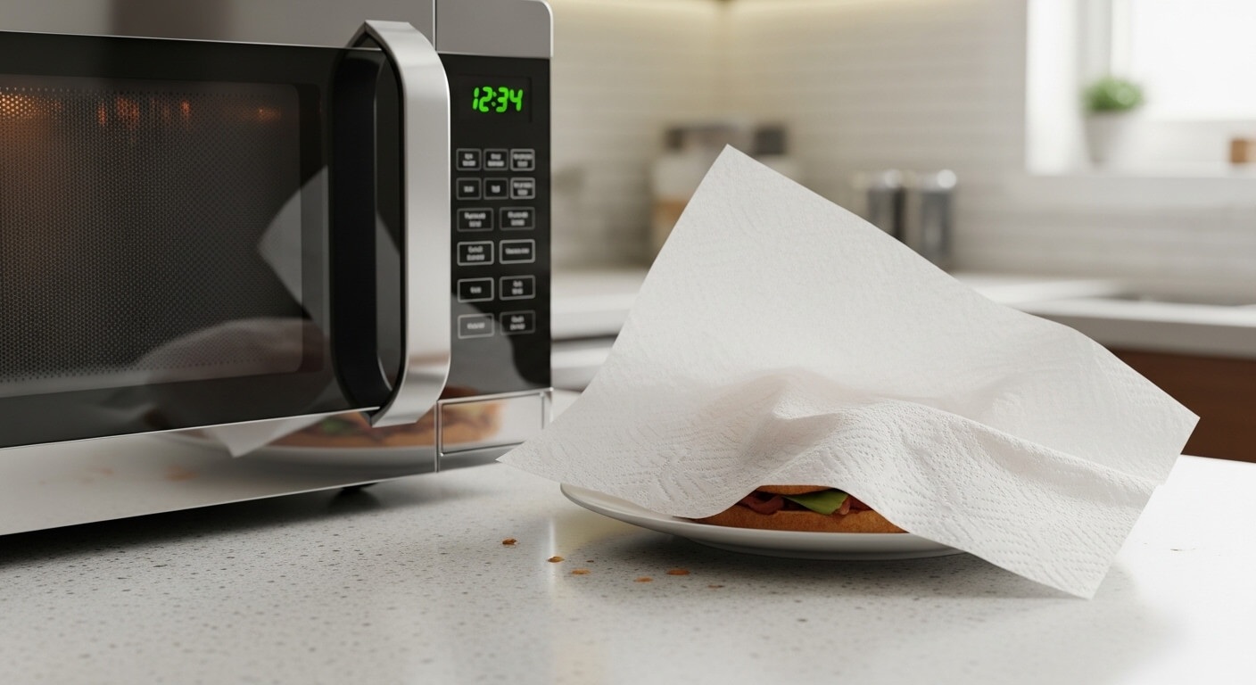 Microwave on kitchen counter next to plate with sandwich covered by paper towel and crumbs on countertop.