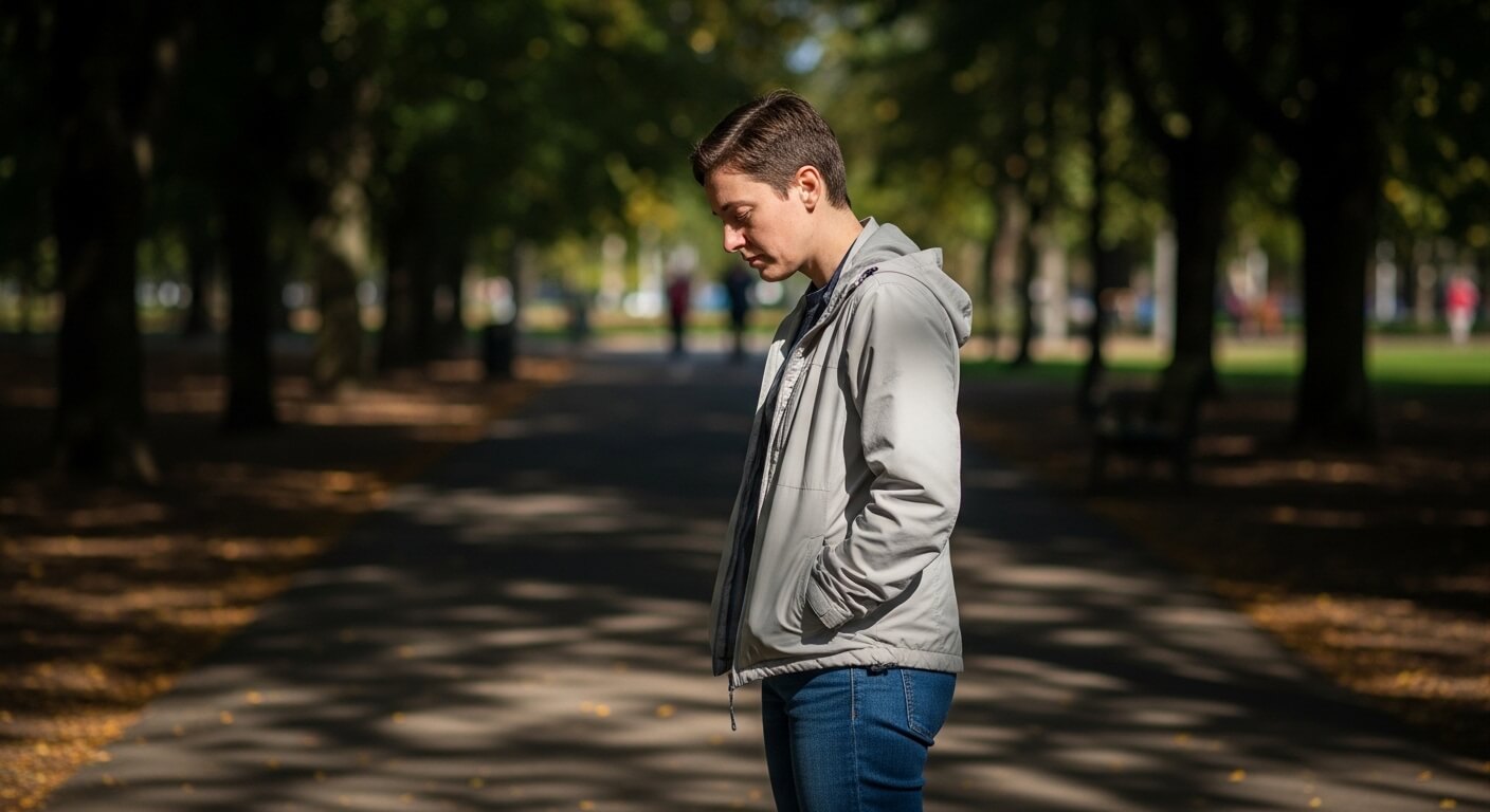 Young person in a light gray jacket and jeans standing on a tree-lined path with hands in pockets, looking down.