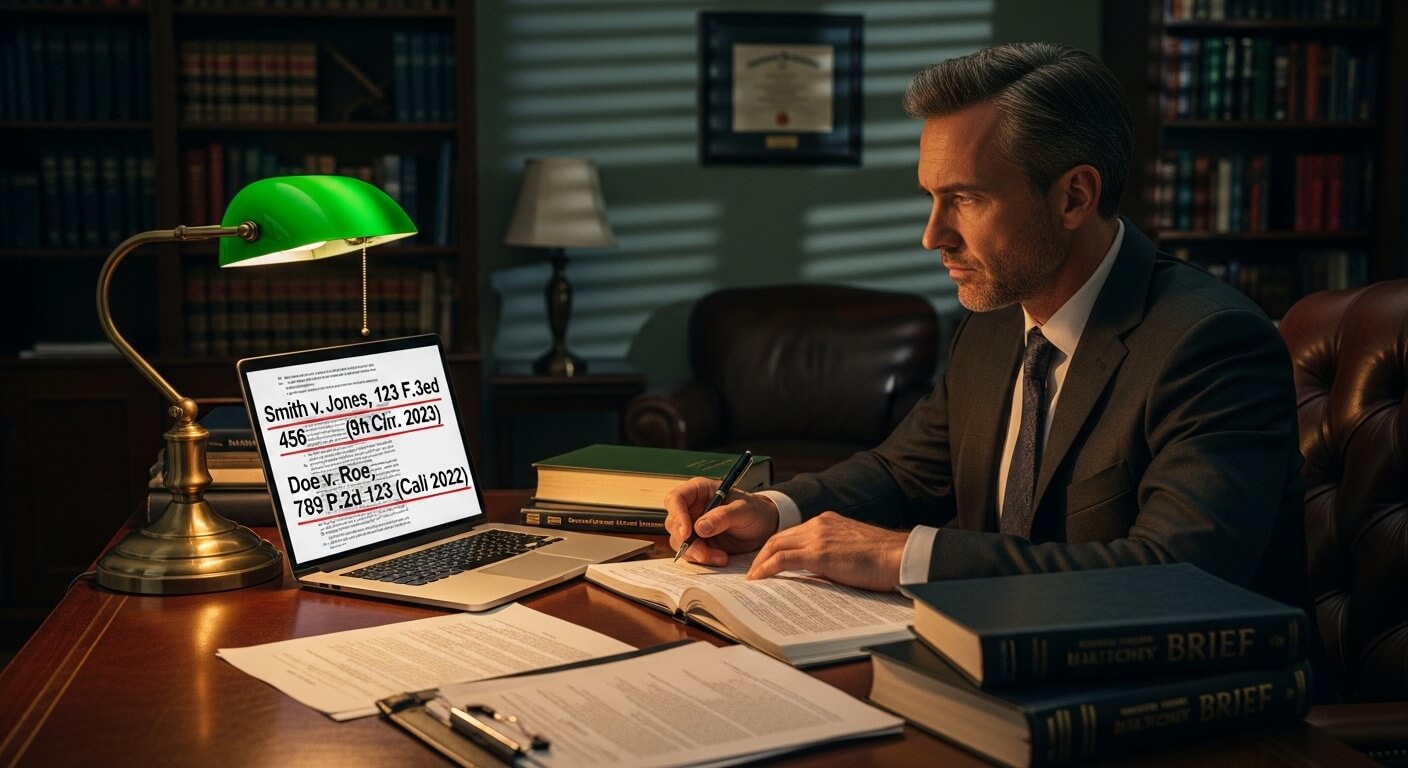 Man in suit writing notes at desk with laptop displaying legal case citations in law office.