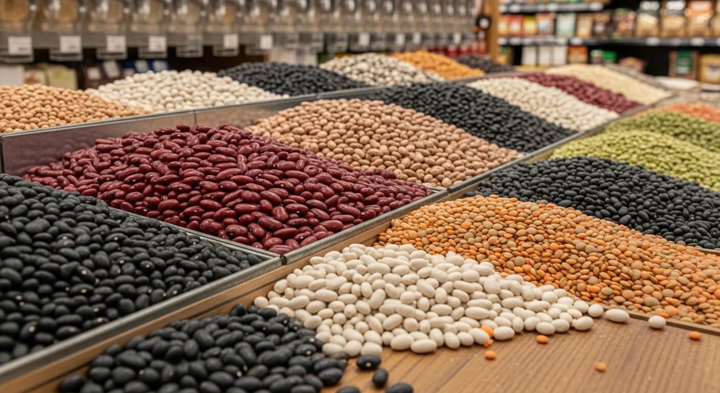 Various types of dried beans and lentils displayed in bulk bins at a grocery store.