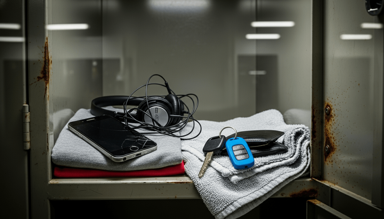 Cracked smartphone, tangled headphones, car keys with blue remote, and wallet on folded clothes inside a rusty metal locker.