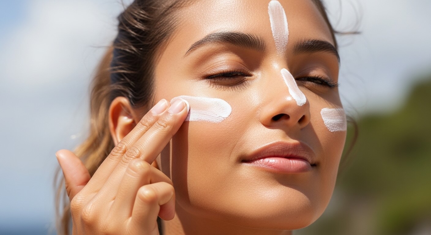 Woman applying white sunscreen cream on her face outdoors with eyes closed