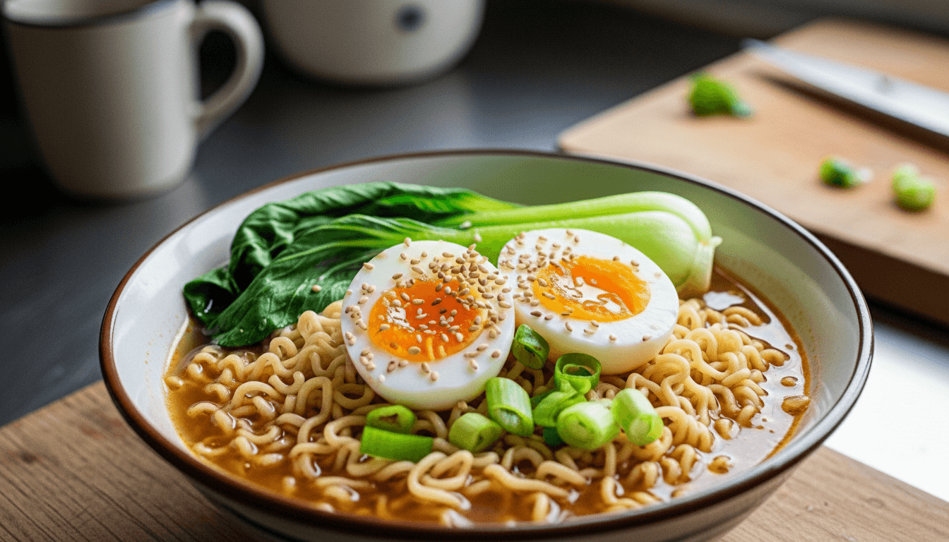 Bowl of ramen noodles with bok choy, soft-boiled egg halves topped with sesame seeds, and sliced green onions.