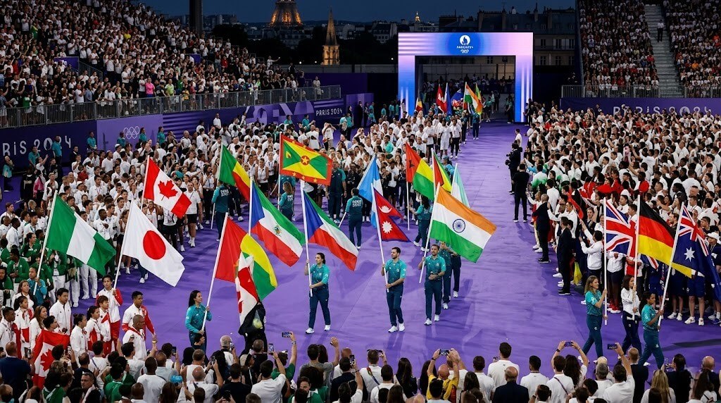 Athletes carrying national flags during the Paris 2024 Olympic Games opening ceremony parade.